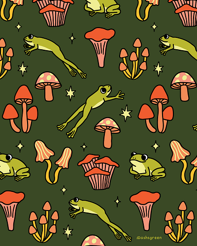 Frogs & fungi pattern characters cute fall forest frogs fungi green illustration magical mushrooms pattern stars woods