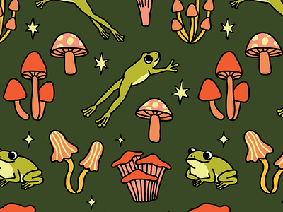 Frogs & fungi pattern characters cute fall forest frogs fungi green illustration magical mushrooms pattern stars woods