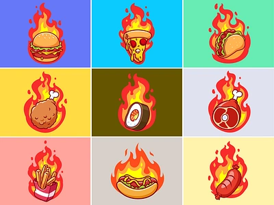 Spicy Foods Collection🍔🍕🍗🔥 branding burger cartoon chicken collection doodle fast food fire flat flying food food hot icon illustration logo meat pizza spicy sushi