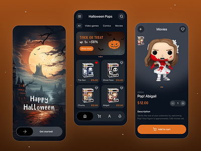 Mobile Store App Concept | Halloween discounts e commerce ecommerce app halloween halloween app halloween app design halloween party halloween store mobile app mobile ui pop figures product page pumpkin shop shopping app store uxui witch