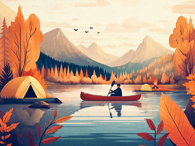 Autumn Camp art autumn boat camp camping fall fishing forest graphic design illustration kayaking lake landscape mountains national park nature outdoor procreate vector wild