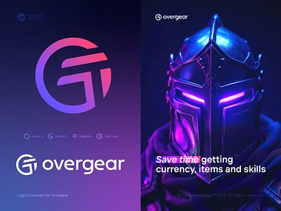 Overgear Logo Concept boosting service branding fantasy game gold seller gradient helmet ingame items items knight letter g letter o level up logo loot modern og overgear upgrade world of warcraft