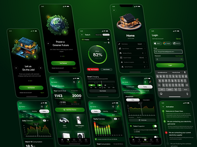 Smart Home IOS Application 3d ui ai car charge charging chart contract dark electrical appliances green green ui ios login profile smart smart charging smart home smarthome step tesla