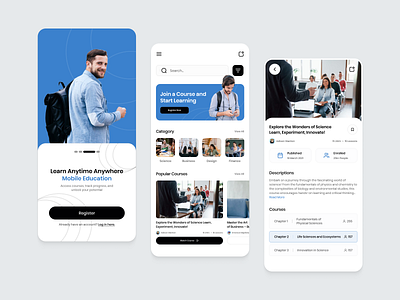 Mobile E-Learning App – Learn Anytime, Anywhere apps black blue branding courses design iphone 14 learn learning learningapps mobile mobile apps mobile apps design onlinelearning phone ui ui ux design uiuxdesign ui ux white