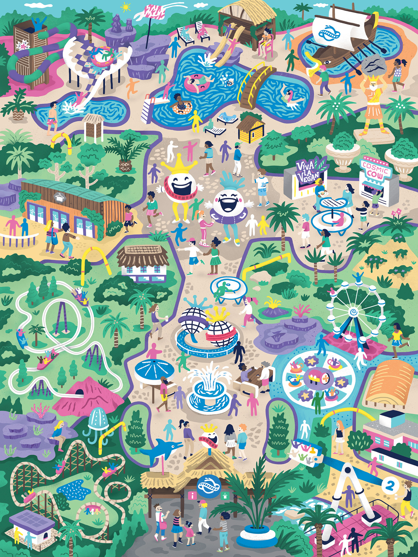 Planet Coaster 2 2d antoine corbineau characters children colourful digital folioart game illustration map stylised theme park