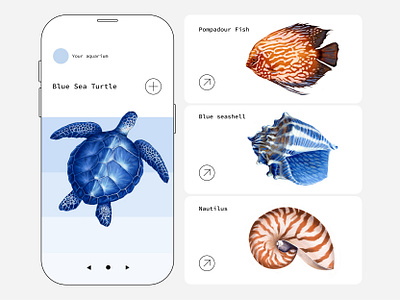 Mobile App Illustrations: Aquarium app aquarium assets design drawing fish graphic design handdrawing illustration interface mobileapp nautilus seashell turtle