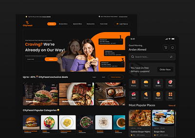 Restaurant/Delivery Website and App design in Figma app ui branding dark ui delivery app ui design figma figma ui food ui food website graphic design illustration landing page logo prototype ui ui design web app website ui