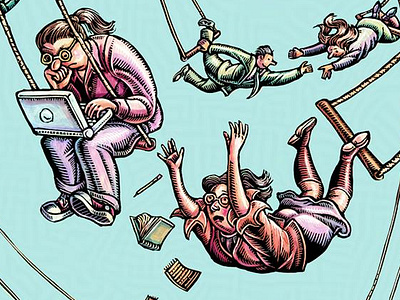 "IT Professionals As Organizational Citizens" editorial illustration hand drawn illustration it workers lisa haney magazine illustration scratchboard tech trapeze