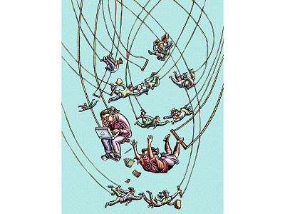 "IT Professionals As Organizational Citizens" editorial illustration hand drawn illustration it workers lisa haney magazine illustration scratchboard tech trapeze