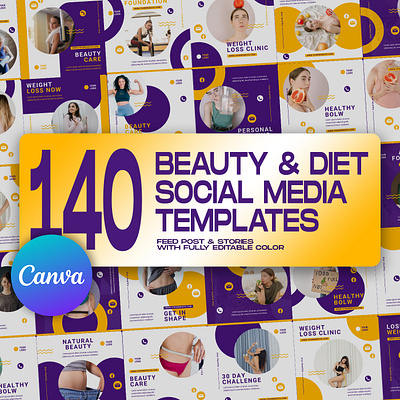 140 Beauty & Diet Social Media Templates beauty beauty care beauty diet canva template graphic design instagram feed instagram post template instagram stories template social media banner social media kit social media pack social media templates