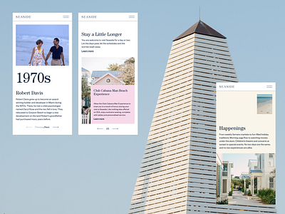 Seaside Responsive Mobile Designs with a soft color palette beach beachside calm carousel clean florida hierarchy minimal mobile modular pastel pink responsive seaside soft timeline ui web website webui