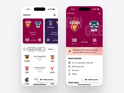 AFL App afl ai app design filters ios mobile scores stats ui