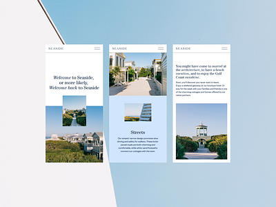 Responsive Three-Column Mobile Layout with Centered Imagery blue clean cover elegant hero section human centered interactive design minimal mobile mobile first mood navigation relaxed responsive seaside vibes storytelling ui user friendly user journey visualstorytelling