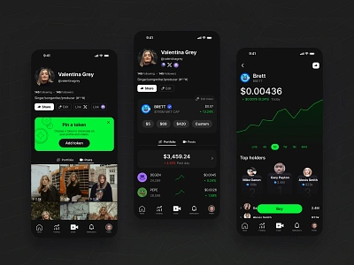 Social meets financial app crypto app dark app dark mode dark ui dashboard data visualization drakula financial app fintech icons memecoin mobile social social network stock app trading app ui wangmander web3 app