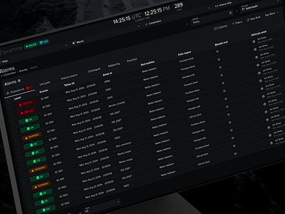 Alarms Screen alarms alerts badge chip dark mode dark ui data figma grid product design row rules status table tag triggers ui ui design ux wireframe