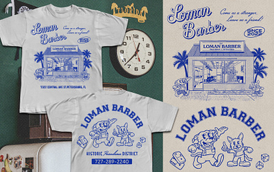 Loman Barber Logo, T-shirt Design, and Photography Project barbershop branding graphic design illustration logo design mid century retro design shop apparel t shirt design vintage inspired