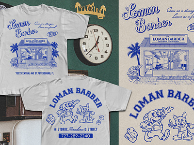 Loman Barber Logo, T-shirt Design, and Photography Project barbershop branding graphic design illustration logo design mid century retro design shop apparel t shirt design vintage inspired