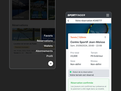 Booking tennis mobile interfaces & navigation book details booking booking details booking informations graphic design informations panel sport navigation padel sport design tennis ui