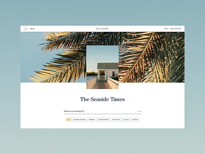 The Seaside Times - A Gateway to Coastal Stories, News page branding calm design figma hero section inspiration minimalistdesign news news page palm leaves search bar searchfriendly tropics ui user flow ux warm web webdesign