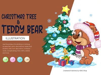 Cartoon Teddy Bear and Christmas Tree art bear cartoon character christmas gifts comic design illustration mascot stickers t shirt teddy teddy bear vector