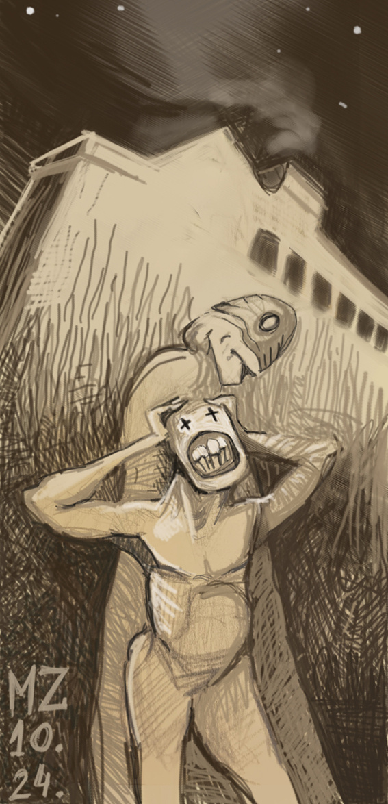 Guru of craziness allmost black and white digital drawing illustration for nothing made by human surreal