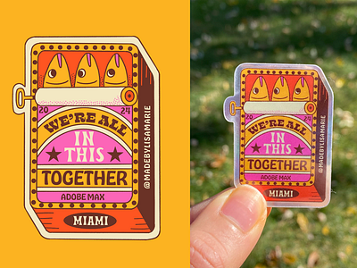 We're All in this Together Stickers 70s adobe branding can of fish fish funky graphic design illustration lettering merch quirky retro sardine sardines sticker stickers type whimsical