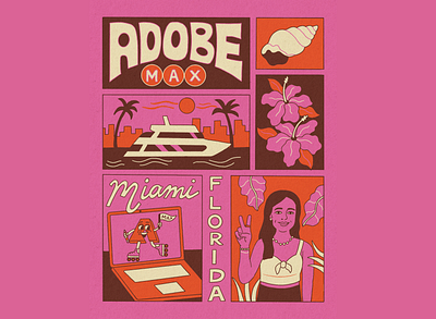 Adobe MAX Miami Poster art boat branding computer design flowers handlettering illustration laptop lettering nature ocean outdoors retro sea seashell tropical whimsical