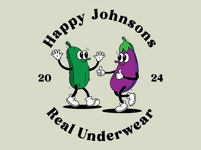 Happy Johnsons Brand Pickle Eggplant Cartoon Character Mascots branding cartoon character character design creative cute eggplant fun funny graphic design happy illustration logo mascot pickle smile underwear