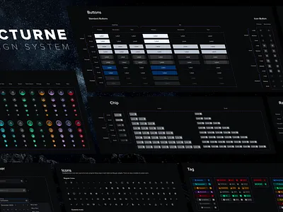 Nocturne DS avatar badge buttons chips components dark mode dark ui design system figma icons product design radio tag ui ui design ux
