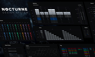 Nocturne DS avatar badge buttons chips components dark mode dark ui design system figma icons product design radio tag ui ui design ux