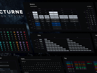 Nocturne DS avatar badge buttons chips components dark mode dark ui design system figma icons product design radio tag ui ui design ux