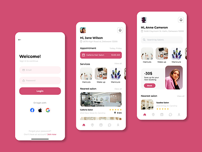 Beauty Salon App 💇🏻‍♀️💇🏼 app beauty catchy design e commerse e salon girly graphic design hair hairdresser logo modern online onlinebooking salon ui uidesign ux uxdesign visual