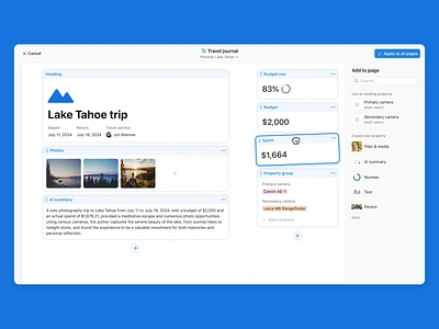 Notion page layout builder ai app budget charts document document editor drag and drop journal notion page photos product text text editor travel ui ux wysiwyg