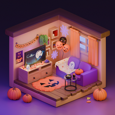 3D Halloween Room 3d 3dart 3dmodel 3dmodeler 3dmodels cute3d cuteart design ghost halloween illustration orange pumpkin spider