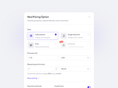 Pricing options card dashboard form input minimal price pricing saaa setting ui