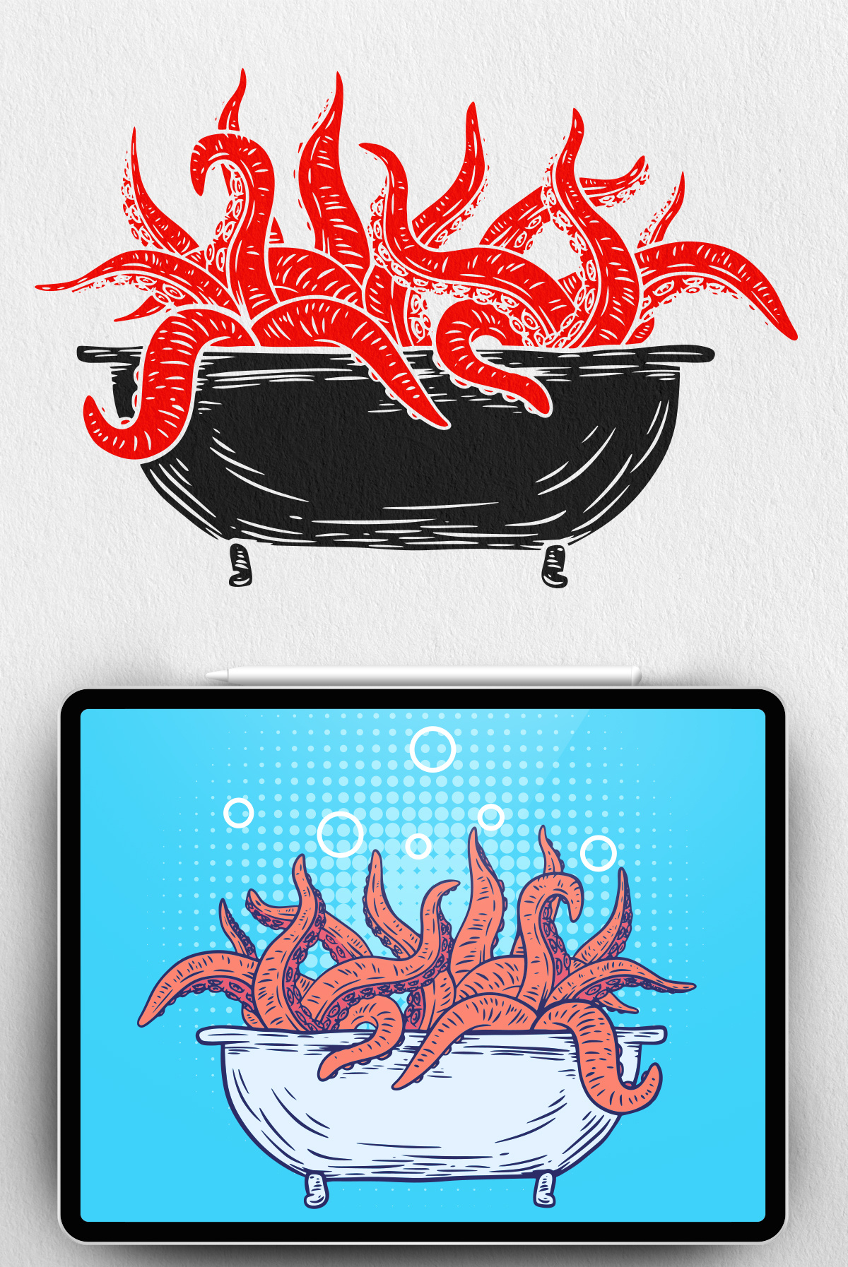 Bathroom beast bath bathroom beast cartoon grunge kraken monster octopus print tattoo tentacles vector