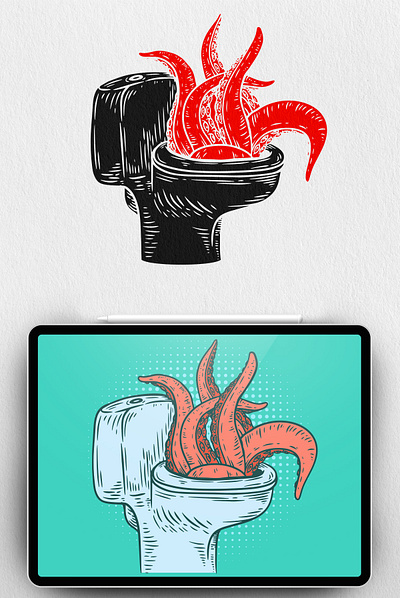 Toilet beast beast illustration kraken monster octopus print procreate tattoo tentacles toilet vector vintage