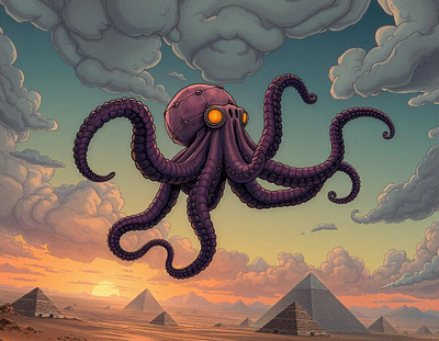 The Unseen Threat: The Octopus and the Undulas ancient artificial intelligence comic depth desert egypt freepik graphic design hybrid illustration ocean ocean creatures ocean photography octopus pyramids sky tracingflock twilight