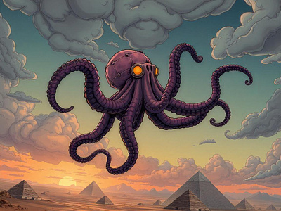 The Unseen Threat: The Octopus and the Undulas ancient artificial intelligence comic depth desert egypt freepik graphic design hybrid illustration ocean ocean creatures ocean photography octopus pyramids sky tracingflock twilight