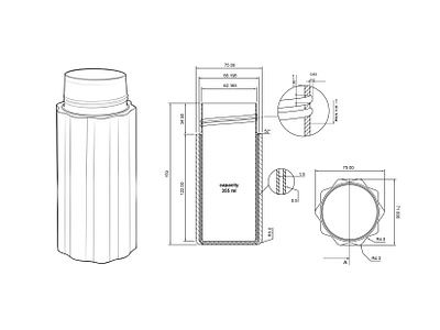 2D techical drawing bottle 2d bottle 2d technical drawing 3d bottle 3d modeling 3d rendering bottle fusion360 procreate product design product sketch