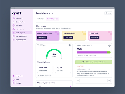 Craft App - Credit score tracking for freelancers credit score dashboard ui