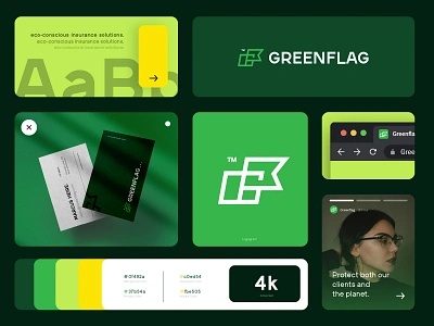 Greenflag : Insurace Company - Brand Identity bento grid branding branding guideline business card design eco graphic design green identity insurance layout design logo logo design mockup presentation service social media typography ui visual identity