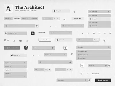 The Architect / Icons, Buttons and Controls architect black and white button buttons bw control controls design system icon icons input minimalistic presentation search segment segmented selection system ui ux