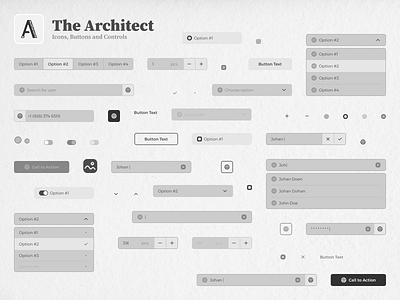 The Architect / Icons, Buttons and Controls architect black and white button buttons bw control controls design system icon icons input minimalistic presentation search segment segmented selection system ui ux