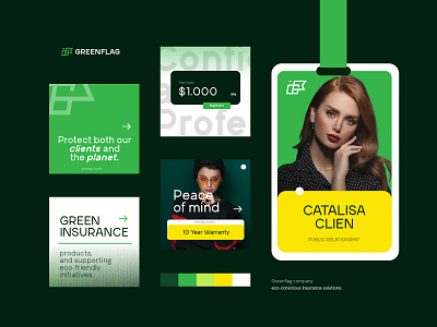 Greenflag : Insurace Company - Social Media bento grid branding branding guideline business card design eco employee graphic design green illustration insurance logo logo design name nametag poster promotion service social media visual identity