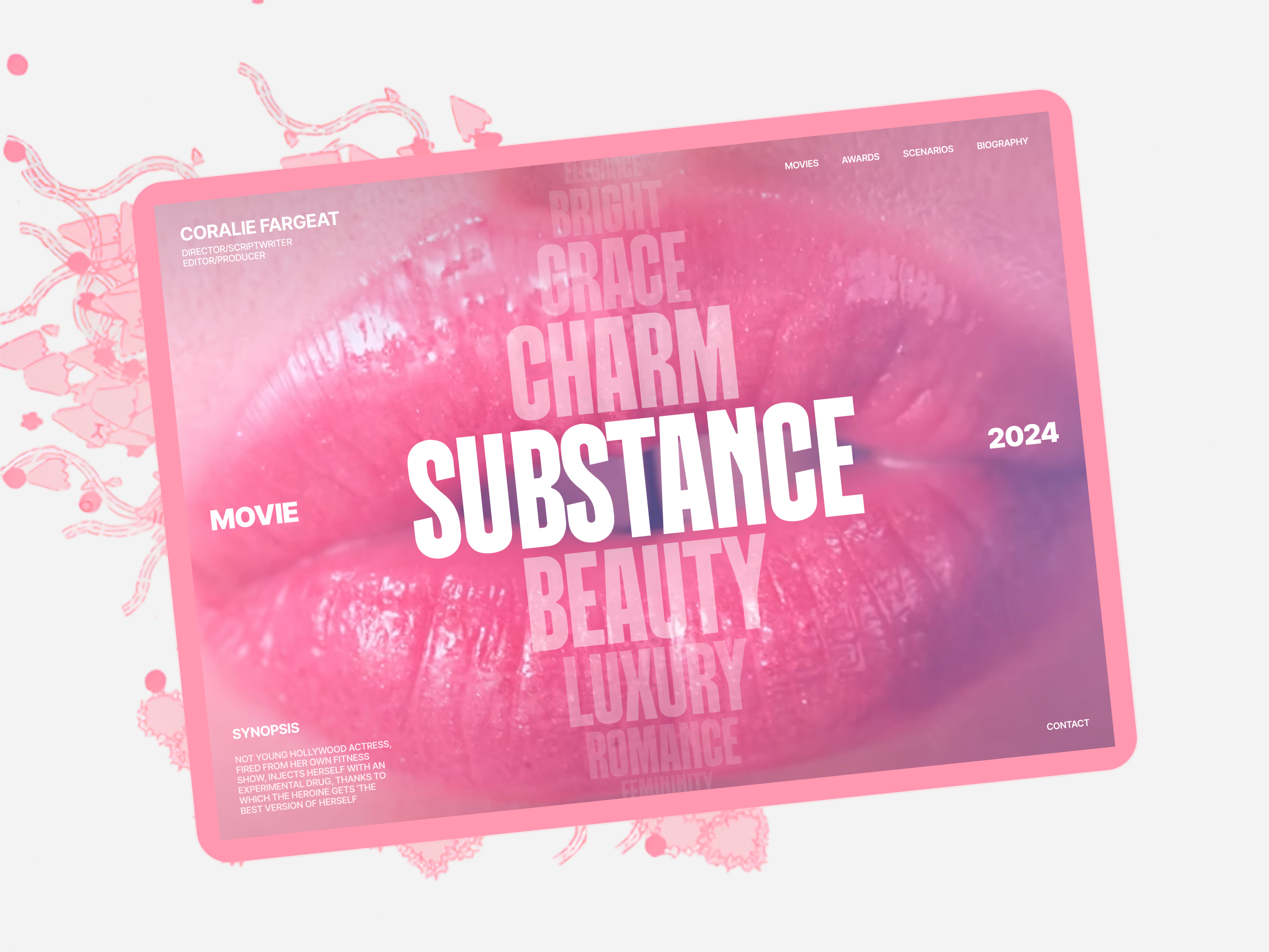 Movie Substance - Fashion Experimental Modern Website Design case study clean coralie fargeat dailyui fashion kirikov modern movie pink substance trend typography ui uiux ux web design website website design website designer website layout