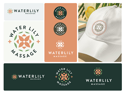 Waterlily Massage - Identity System badge botanical branding brandmark circular flower hat identity illustration lilypad logo logo design logodesign logos massage print water waterlily wellness yoga