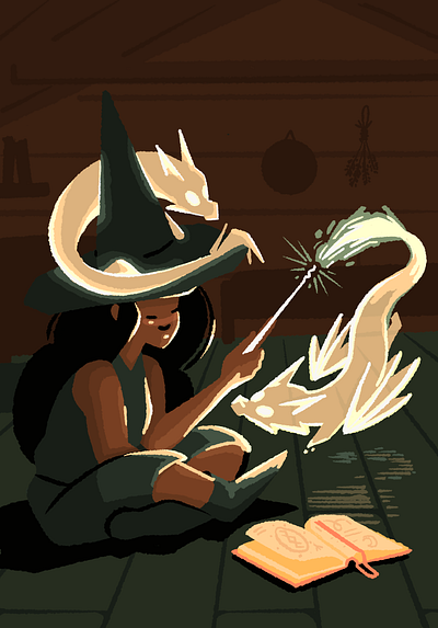 Making friends dragon flat illustration halloween illustration procreate spell witch witchcraft