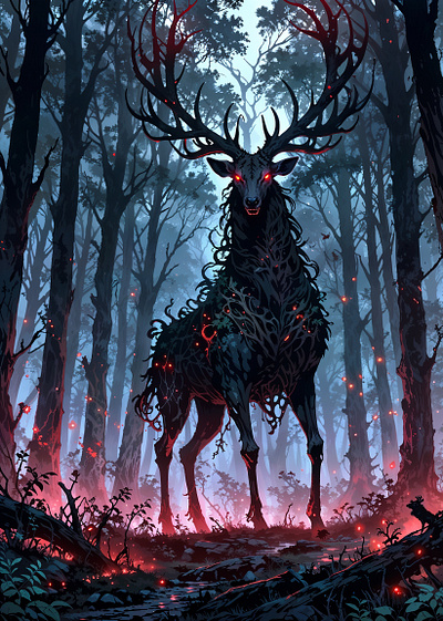 Dark Forest Stag anime art dark fantasy deer fantasy illustration nature