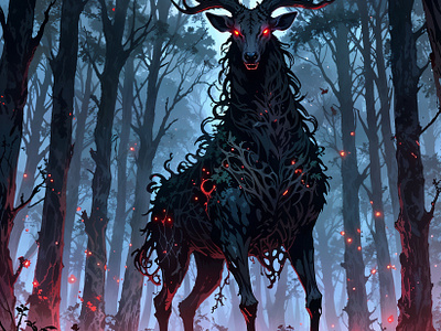 Dark Forest Stag anime art dark fantasy deer fantasy illustration nature